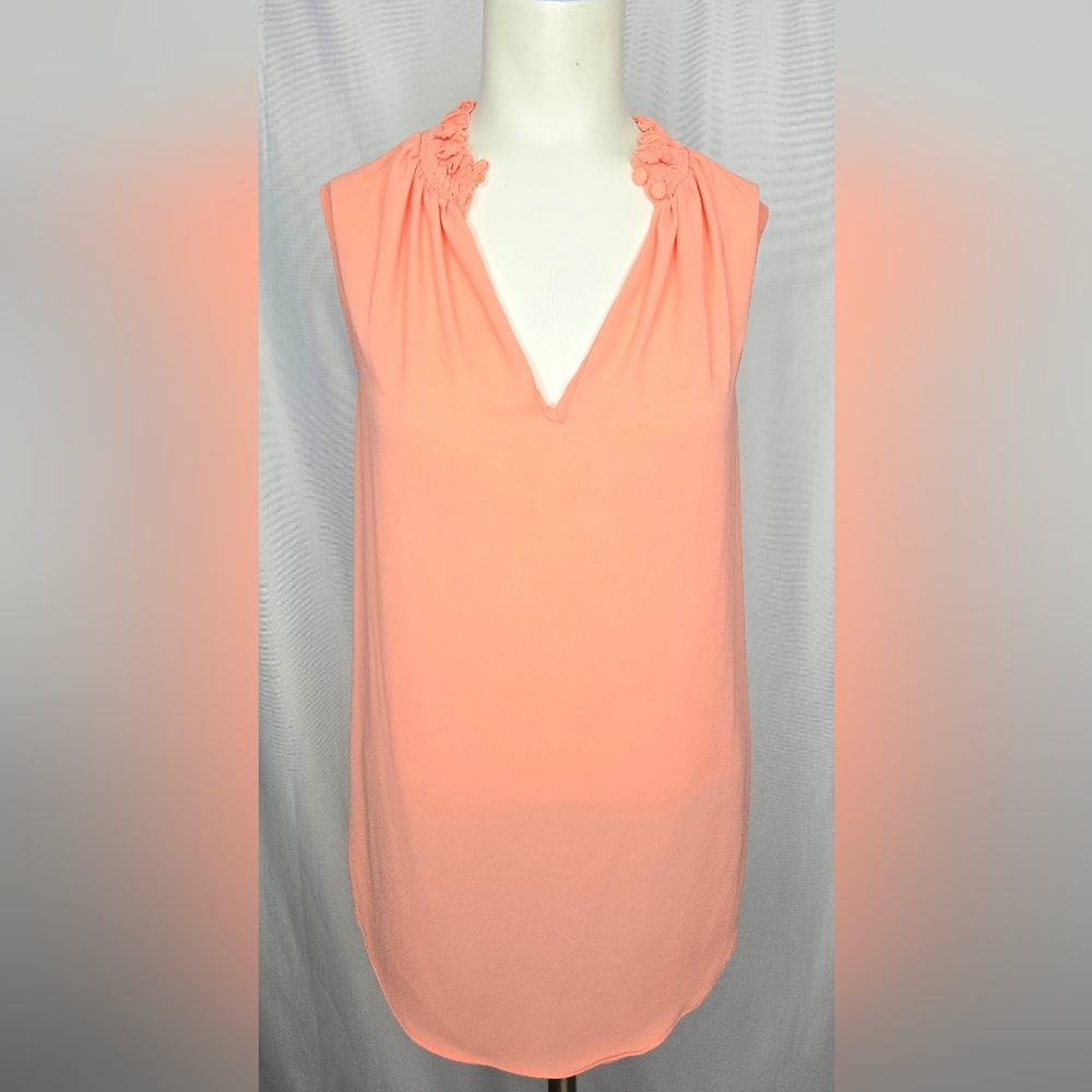 Ann Taylor Smocked Ruffle Neck Shell Top Coral Pink Size M NWOT